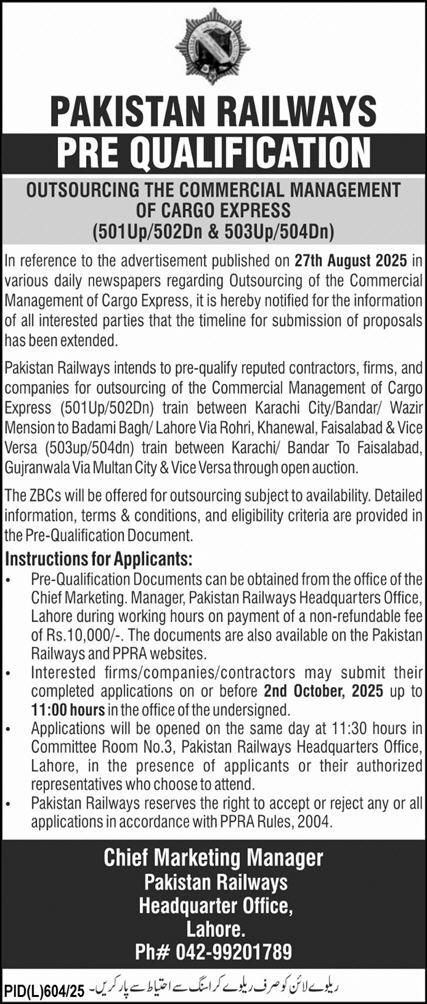 Pakistan Railways Lahore Tender Notice-1
